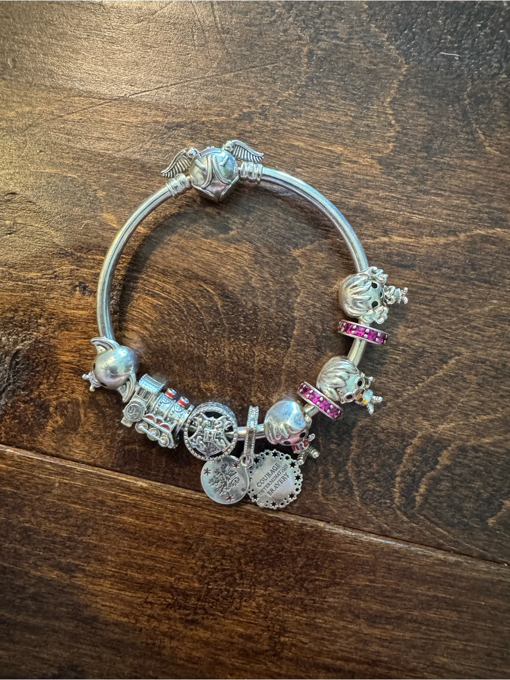 Pandora Silver Bracelet with Pink Crystal Spacers and Themed Charms